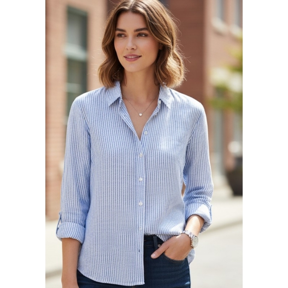 Talbots Linen Striped Button down top Turquoise & White Size XS